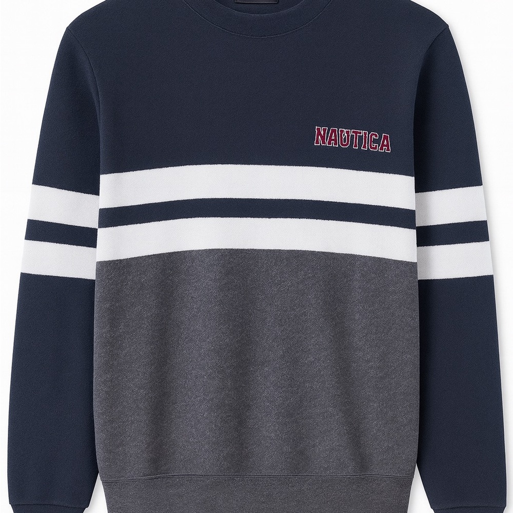 Nautica Men’s Navy Gray Colorblock Crewneck Sweatshirt Size M Cotton